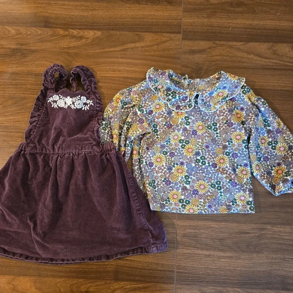 Matalan Girls Purple Corduroy Pinafore Dress and‎ Floral Top Set 2-3 Years